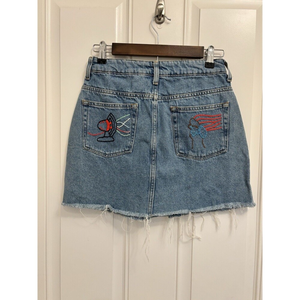 Anthropologie Farm Rio Embroidered Denim Mini Skirt medium colorful Sun Fan - Picture 5 of 11
